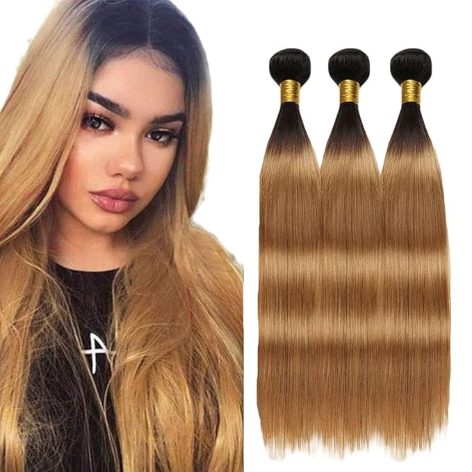 Blonde Bundles Human Hair Ombre Straight Bundle Niegmeag Brazilian Virgin Remy Hair 3 Bundles 24 26 28 Inch 2 Tone Black and Honey Blonde Straight Bundle Double Weft Hair Weave 300g
