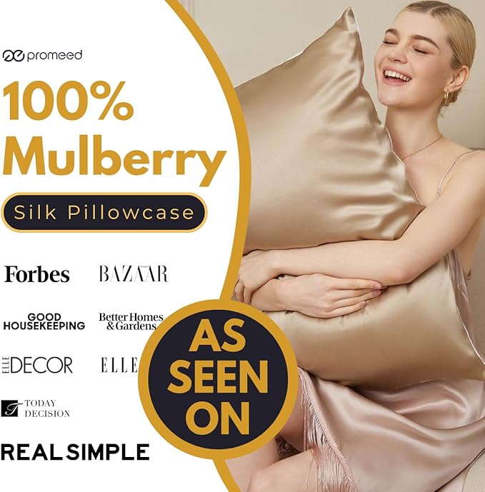 PROMEED 100% Silk Pillowcase for Hair and Skin, Both Sides Grade 6A+ 23mm Mulberry Silk Pillow Case with Hidden Zipper, 1400 TC, Soft & Smooth (Queen 20"x30", Champagne)