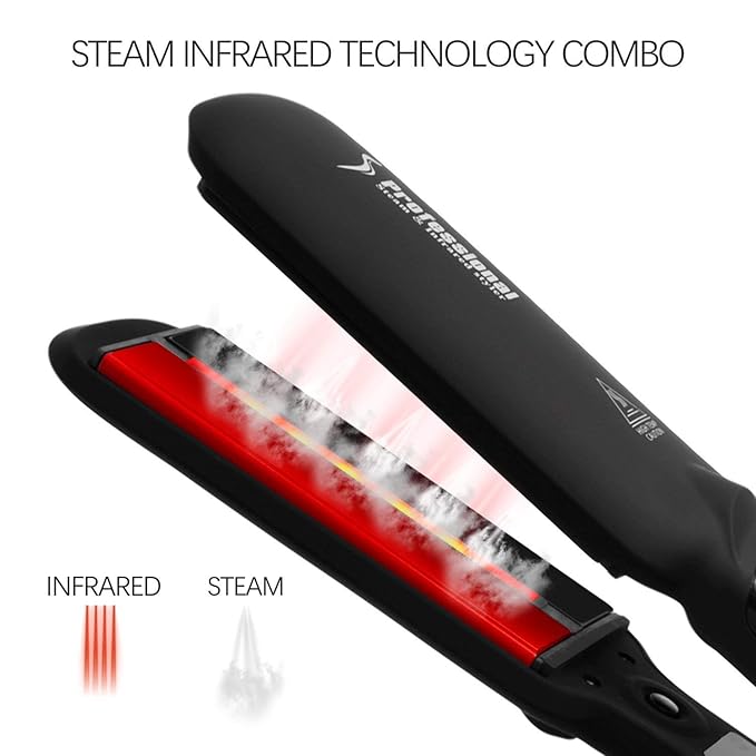 DORISILK Steam Hair Straightener and Curler Iron 2 in 1, Professional Salon Infrared Flat Iron Wide Tourmaline Ceramic Plate, Vapor Straighteners for Hair 450 Degrees Adjustable Temp, 2 Inch Black