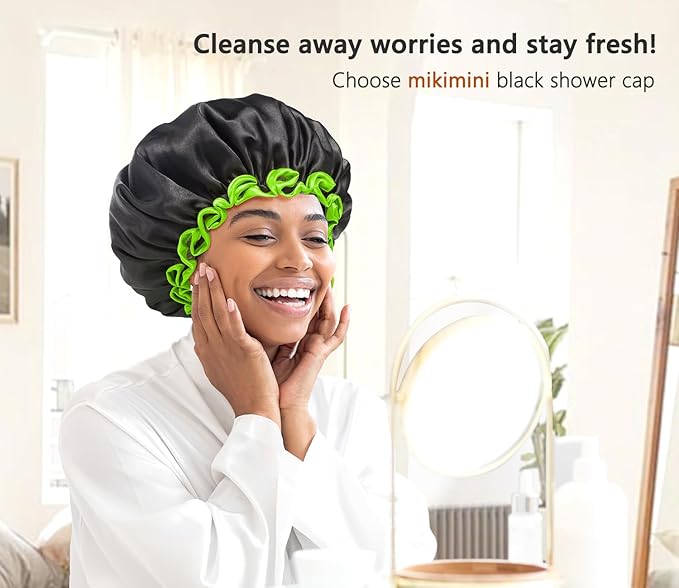 mikimini Black Shower Cap for Women, Men & Girls, 1 Pack, Reusable Double Layers Waterproof Bathing Shower Hat with Soft Comfortable PEVA Lining, Non-fading, Stretchy Shower Cap