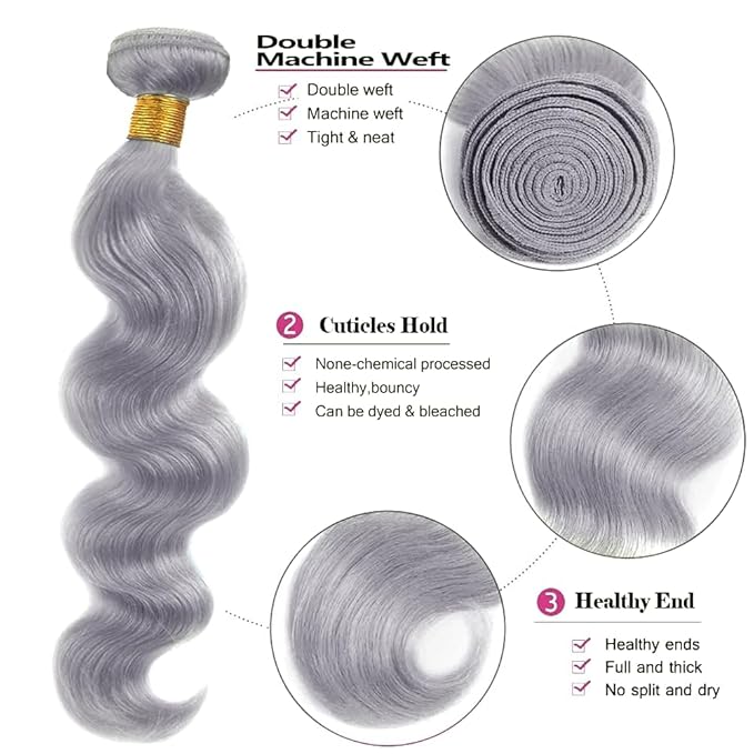 Silver Bundle Human Hair Grey Body Wave Bundles Niegmeag Brazilian Virgin Remy Hair 3 Bundles 26 28 30 Inch Double Weft Soft And Silky Gray Body Wave Bundle