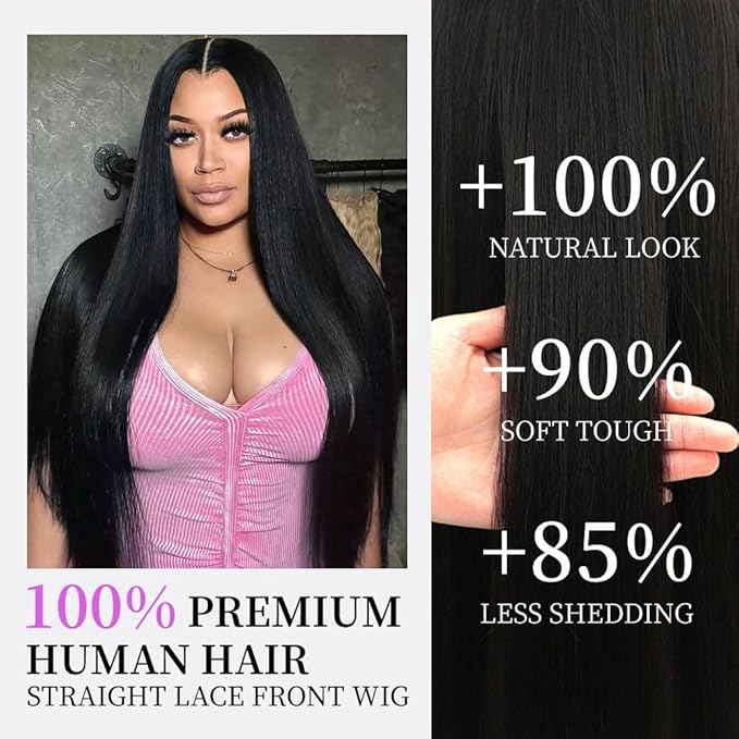 13x6 Lace Front Wigs Human Hair 200 Density Straight Wigs Human Hair Glueless Wigs Pre Plucked No Tangle Shedding Silky Soft Smooth HD Frontal Wig for Women Natural Color 24 Inch