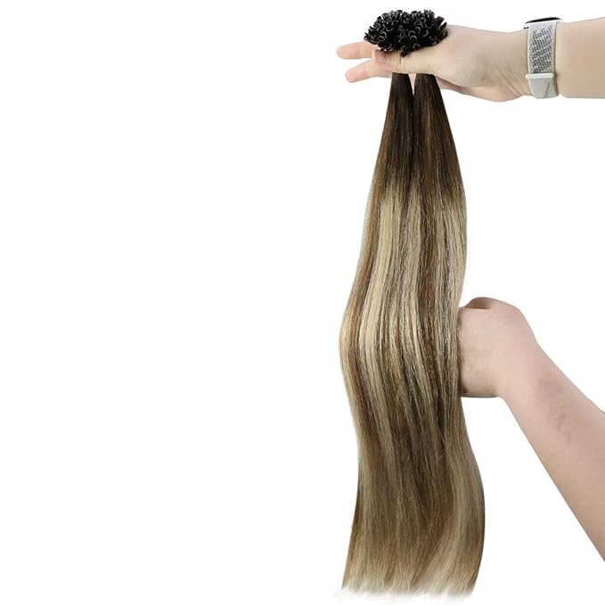 YoungSee U Tip Hair Extensions Human Hair Balayage 14In Utip Remy Hair Extensions Ombre Dark Brown to Brown with Blonde 50s/50g