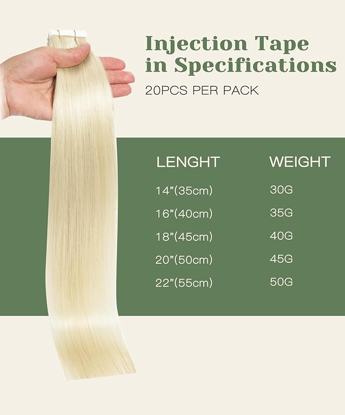 SURNEL Injection Tape in Hair Extensions 20 Inch Platinum Blonde Seamless Invisible Human Hair Tape in Extensions 20Pcs 45g(#60,20)