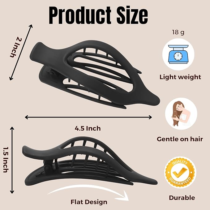 8 Pack Flat Black Hair Clips for Women – Large Matte No-Slip Flat Black Claw Clips for Thick & Thin Hair, Strong Hold French Styling Accessories