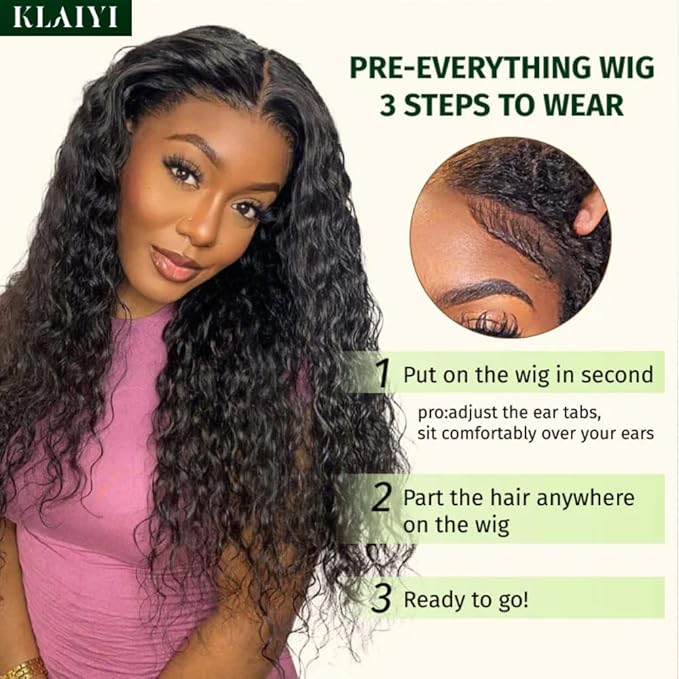 KLAIYI Bye Bye Knots Glueless Wig Pre Cut Water Wave HD Lace Front Wigs Human Hair Pre Bleached Pre Plucked Ready to Go Wigs for Women 30S Easy to Wear Put On and Go Curly Wig Beginner Friendly 26inch