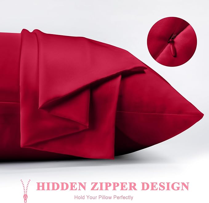 100% Silk Pillowcase 2 Pack for Hair and Skin, Both Sides 23 Momme Grade 6A+ Mulberry Silk Pillowcases with Hidden Zipper, Soft&Smooth Cooling Pillow Cases (Red, King 20×36)