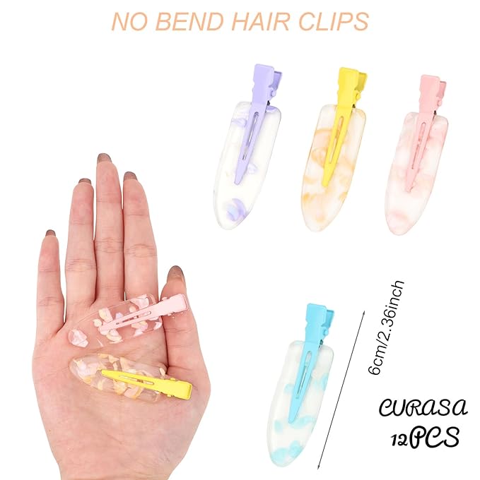 CURASA 12PCS No Bend Hair Clips No Crease Flat Hairclips For Hairstyling Creaseless Makeup Clips Alligator Hair Barrettes Bangs Seamless Duckbill Hair Accessories Hair Salon For Women Girls