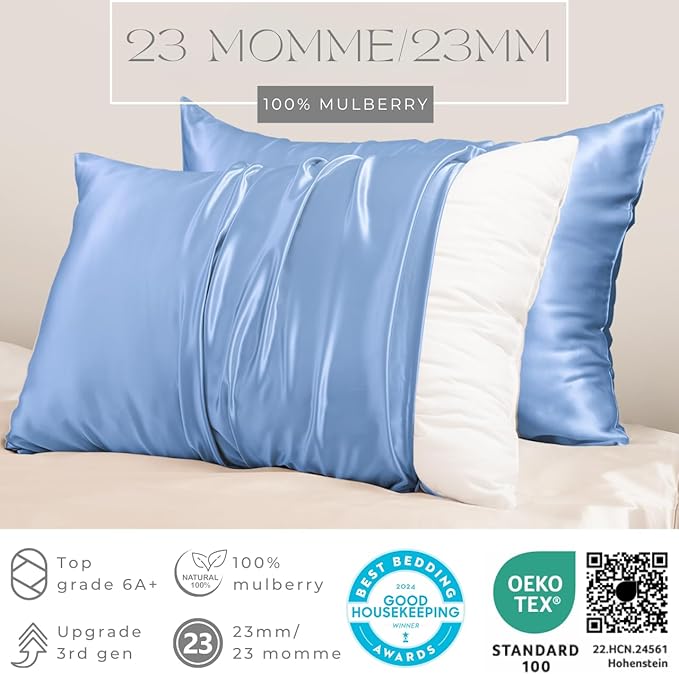 PROMEED Real 23 Momme 100% Silk Pillowcase for Hair and Skin, Both Sides Cooling Premium Grade 6A+ Mulberry Silk Pillow Case with Zipper, 1pc (Standard 20"x26", Light Blue)