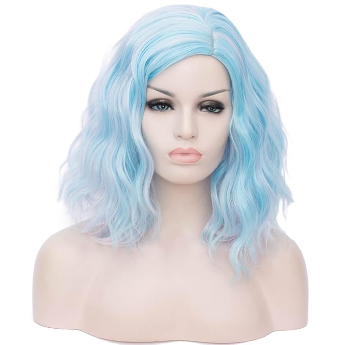 BUFASHION 14" Women Short Blue Kinky Straight Cosplay Synthetic Wigs With Air Bangs 46 Colors Available (blue 2)