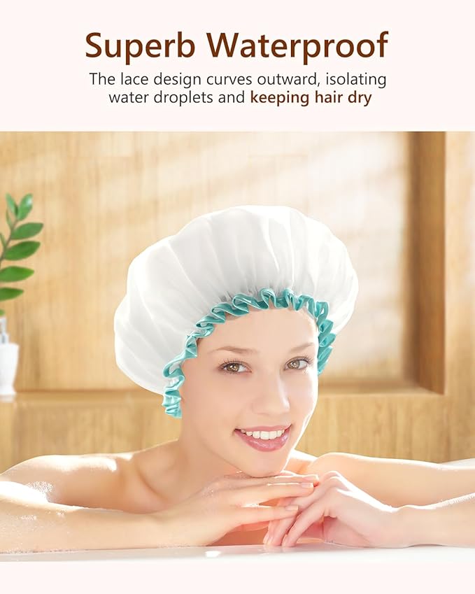 mikimini Shower Cap for Women and Girls,Reusable,Waterproof, Washable, Cute and Soft,White