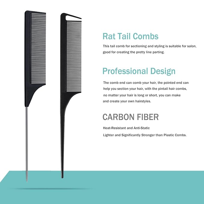 MODENGKONGJIAN 6 Packs Hair Rat Tail Combs Parting Rattail Combs Carbon Fiber Heat Resistant Teasing Combs with Stainless Steel Pintail for Women,Girls