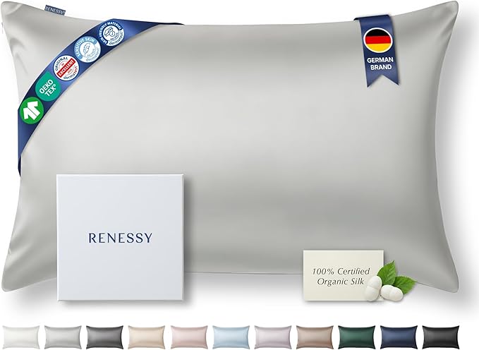 Premium Silk Pillowcase 100% Organic Mulberry Silk, 22 Momme, Grade 6A - Oeko-Tex Certified in Germany - Luxury for Hair & Skin, 1 Piece (King Size 20x36 Inches, Light Grey)