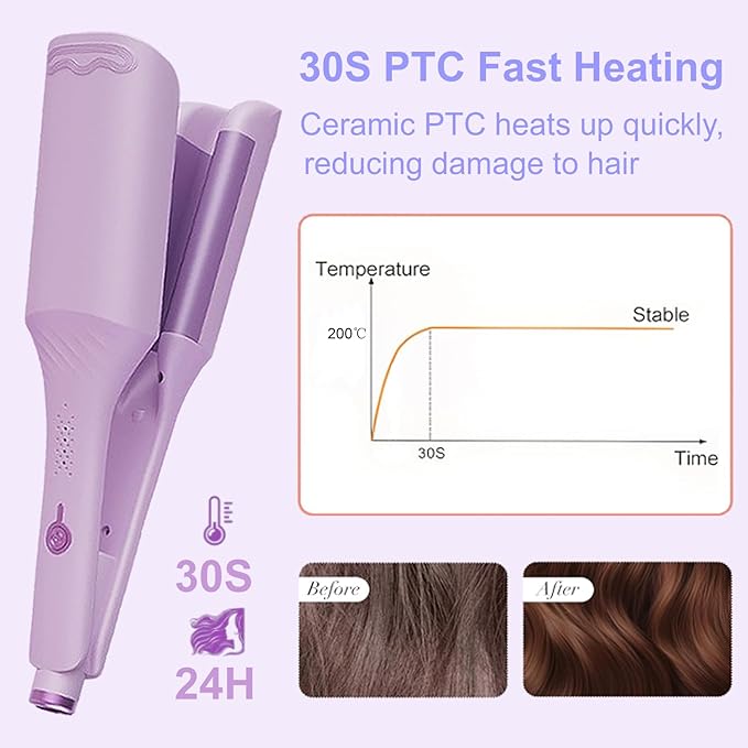 Waver Hair Crimper, 1.25 Inch Curling Wands with Ceramic 3 Barrels, 4 Temp Settings, Heat Resistant Glove, Fast Heating Crimper Hair Iron for Short and Long Hair (Purple)