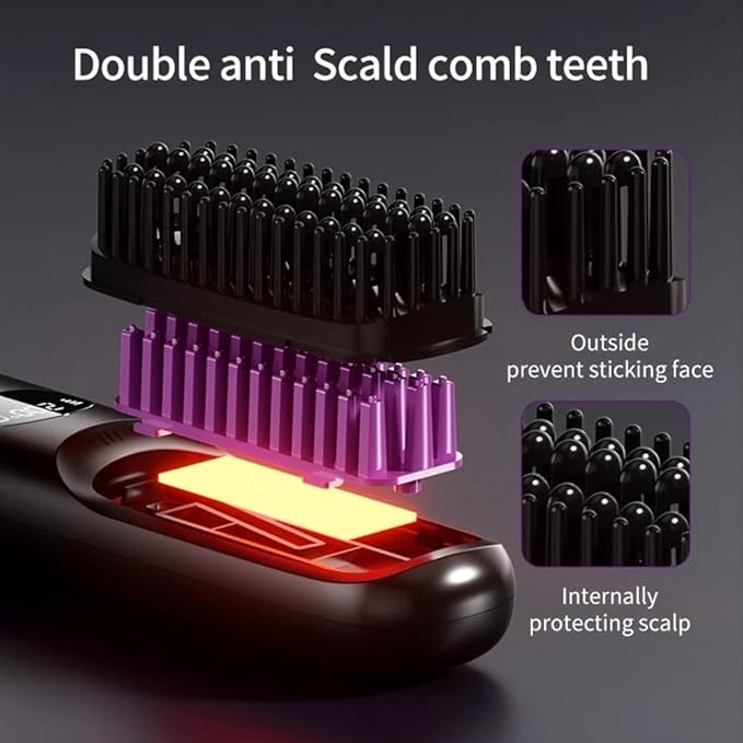 Cordless Hair Straightener Brush: Portable Rechargeable Heated Straightening Comb with LED Display & 3 Temperature Settings - Travel Hair Brush for Smooth Frizz-Free Styling (Purple)