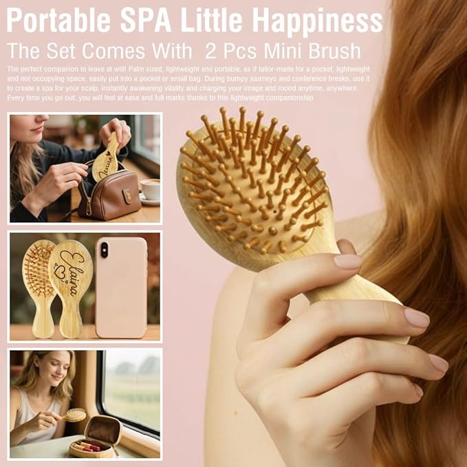 Portable Wooden Hair Brush with Custom Name Engraving, 2 Piece Mini Brushes Gifts for Girls, Daughter, 20 Personalized Design Options, Mirror Option Available
