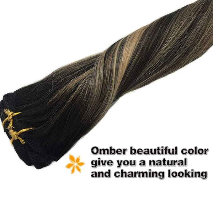 GOO GOO Clip in Hair Extensions Real Human Hair, Remy Human Hair Extensions Clip ins for Women, Natural Human Hair, 14inch 120g 7Pcs, 1B/16/1B Balayage Natural Black to Light Blonde