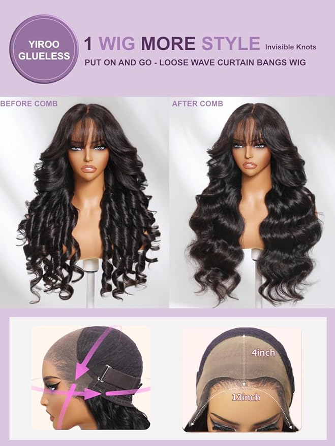 YIROO Pre Everything 13X4 HD Lace Front Real Scalp Glueless Wig Human Hair Wigs Loose Body Wave with Face Framing Curtain Bangs Pre Plucked Pre Cut Lace Pre Bleached Knots Wig Bye Bye Knots 20Inch