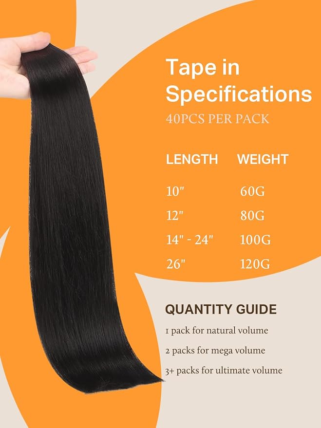 DOORES Tape in Human Hair Extensions, Natural Black 16 Inch 40pcs 100g, Real Hair Extensions Tape in Real Hair Glue in Extensions Skin Weft Silky Straight Hair for Women