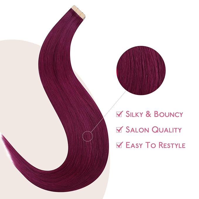 WENNALIFE Tape in Hair Extensions Human Hair Light Burgundy Tape in Extensions, 10pcs 30g 24 inch Remy Invisible Tape Ins Straight Colored Soft Real Human Hair Tape in Extensions Refill Set Extensions