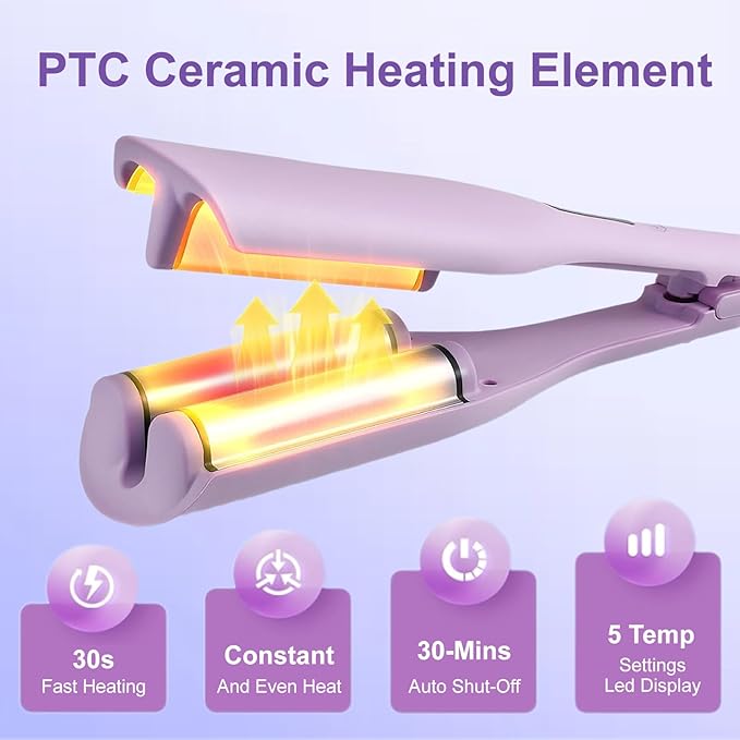 Crimper Hair Tool, Hair Crimper for Women, Beach Waves Curling Wand with Negative Ions, Adjustable Temp, Anti-Scald Design, Auto Shut-Off, Dual Voltage, 1.42 Inch (Purple)
