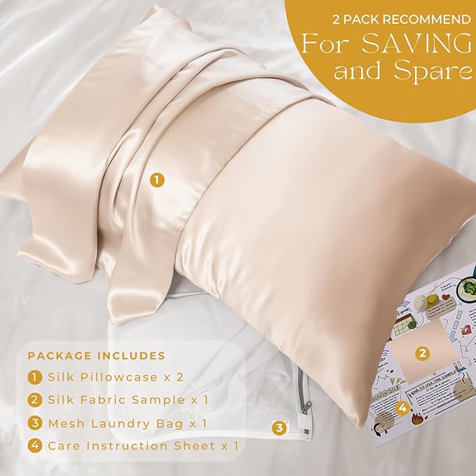 PROMEED 23 Momme Silk Pillowcase 2 Pack with Zipper, 3rd Gen Grade 6A+ 100% Mulberry Silk Pillow Case Set of 2, Cooling Pillow Cases for Hot Sleepers (Standard 20"x26", Champagne)