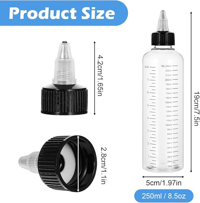 15 Pack Applicator Bottles for Hair, 8.5oz Hair Dye Plastic Squeeze Bottle with Twist-On Top Tip Cap and Clear Graduated Scale