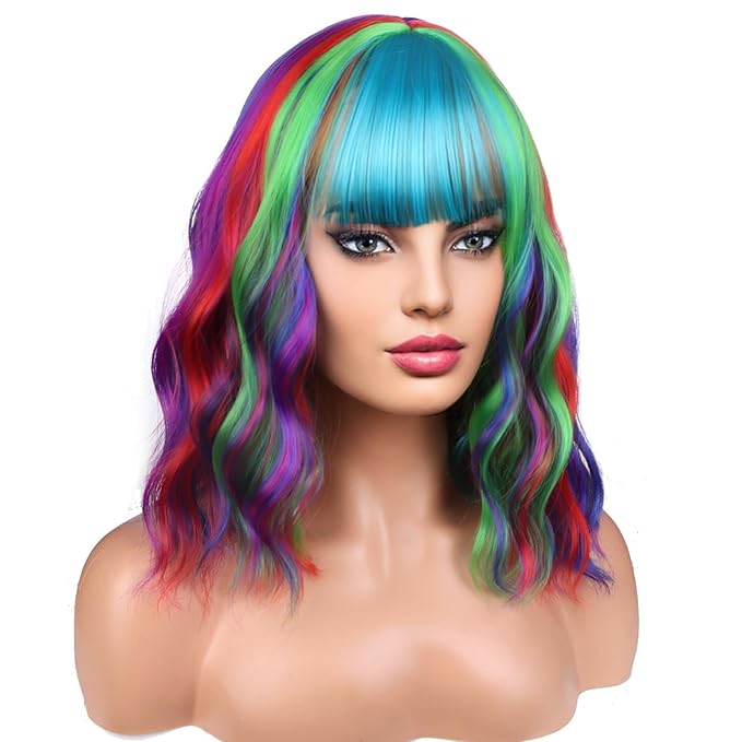 BERON 14 Inches Rainbow Wig with Bangs Short Curly Synthetic Wig for Women Cosplay Daily Party Hairnet Included