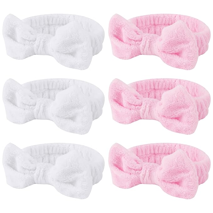 Casoty Spa Headband, 6 Pcs - Soft Coral Fleece Hair Band for Face Washing, Skin Care, Makeup, Shower, Yoga, with Bow Knot, One Size Fits All, Good Elasticity