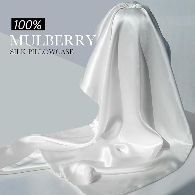 100% Mulberry Silk Pillowcase for Hair and Skin, 22 Momme Pure Natural Silk Pillow Case Both Sided with Zipper, Pillow Cover for Women Mom Men (White, King 20''×36'', 1 Pack)