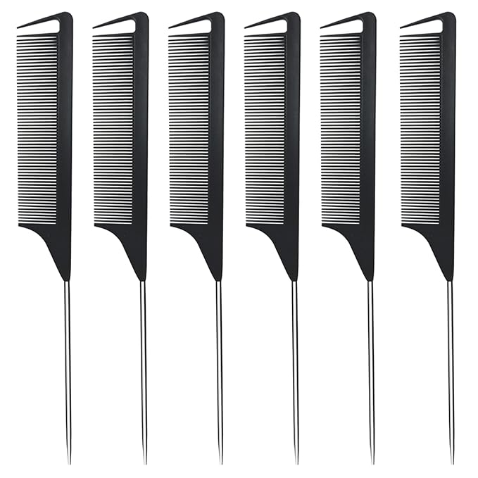 Metal Carbon Fiber Parting Rat Tail Comb for Women Men Kids Braiding Styling Hair (Black 6Pcs)