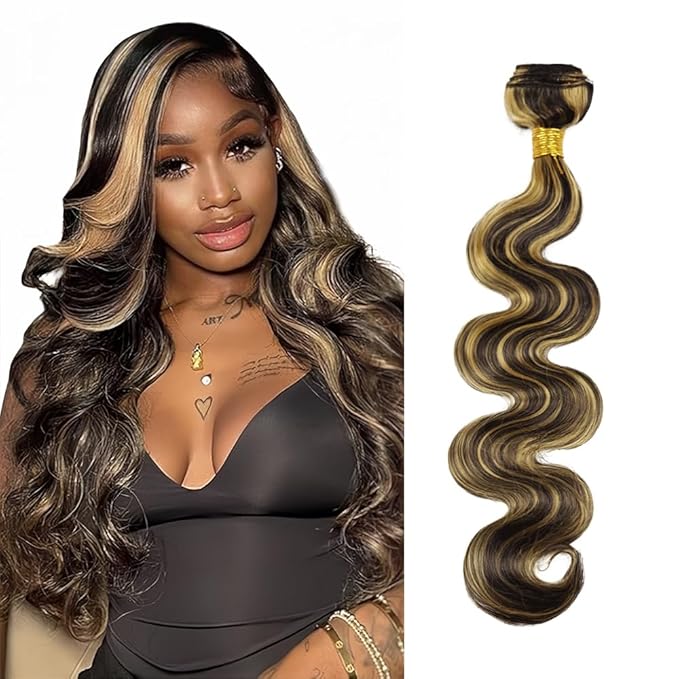 34 Inch Highlight Bundles Human Hair Blonde Body Wave Bundles Niegmeag Brazilian Virgin Soft and Silky Remy Hair Extensions 2 Tone Black and Honey Blonde Bundle