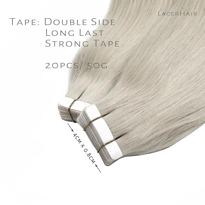 Lacer Tape in Hair Extensions Silky Straight 14 Inch Silver Grey Adhesive Tape in Hair Extensions 100 Percent Remy Human Hair Soft Glue in Brazilian Hair Extensions 20 Pcs 50 Grams