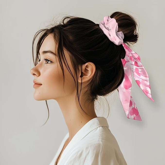 2 Piece Heart Print Ribbon Bow Elastic Hair Ties for Women Trendy Knotted Bow Valentine's Day Hair Scrunchies Soft Scarf Scrunchy with Flowing Tails