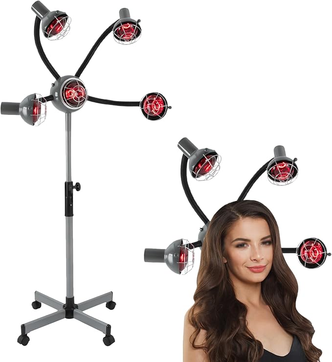 5 Head Infrared Heat Lamp, Adjusting Height Styling Perming Dryer, Salon Heat Lamp Headed Lamp with Rolling Wheels, Multifunction Infrared Lamp Hair Dryer Hair Color Processor Machine (Silver-Grey)