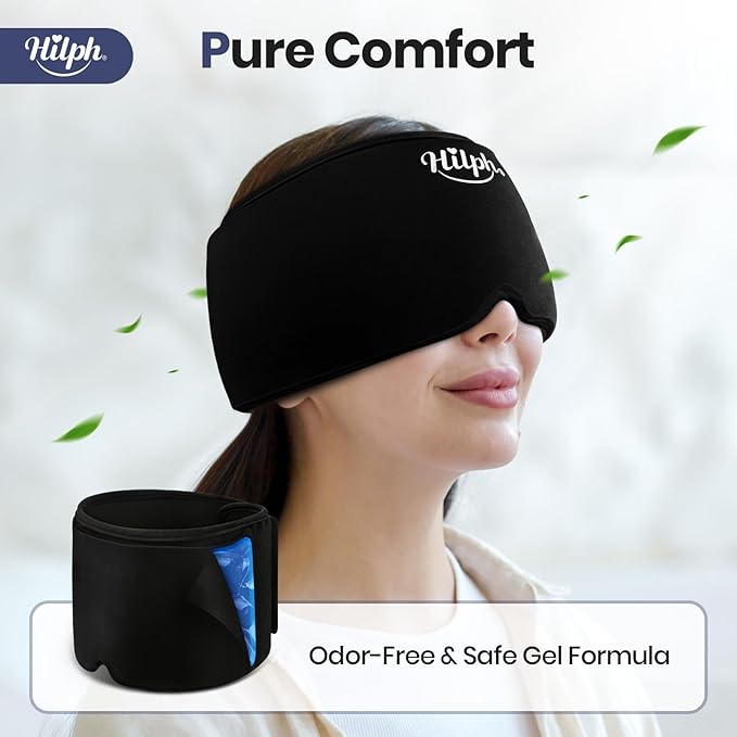Hilph Adjustable Migraine Relief Cap with Thickened Gel Cold Compress, Headache Relief Cap, Face Cooling Mask Gel Head Wrap for Tension, Stress & Hangover, Soothing Gifts for Women Men Black
