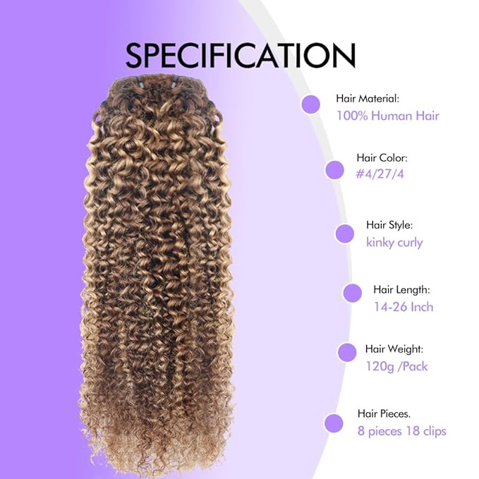 Curly Clip In Hair Extensions Real Human Hair Clip Ins Balayage Chocolate Brown to Caramel Blonde Human Hair Extensions 8Pcs with18clips 120g/Set (20 inch，#4/27/4)