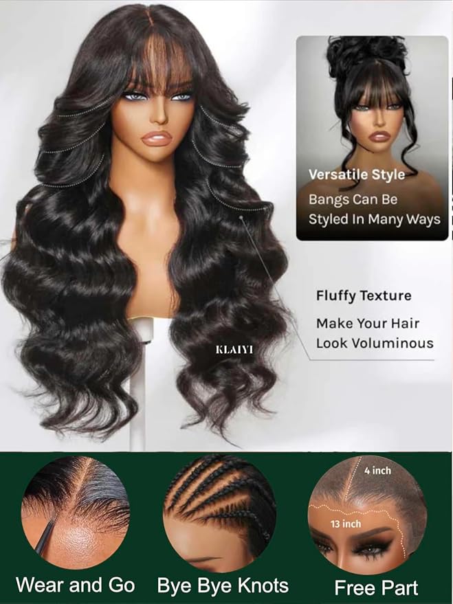 KLAIYI Pre Everything Glueless 13x4 Lace Front Wigs Human Hair Loose Body Wave Bye Bye Knots Pre Cut Lace Pre Bleached Pre Plucked 30S Ready to Wear And Go Frontal Wig with Natural Curtain Bang 16Inch