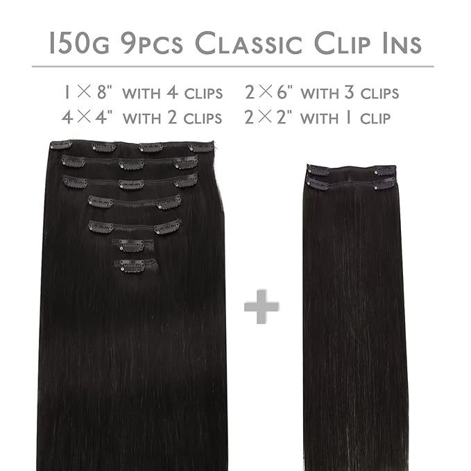 WENNALIFE Clip in Hair Extensions, 150g 22 Inch 9pcs Natural Black Human Hair Extensions Thicker Clip in Hair Extensions Real Human Hair Clip Set Double Weft