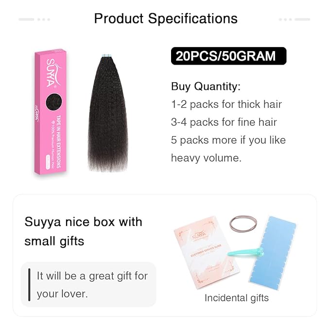 SUYYA Tape in Hair Extensions Human Hair Kinky Straight Tape in Extensions Natural Black 20 Inch Skin Weft 50g/Pack 20PCS Tape INS for Women (#1B Natural Black)