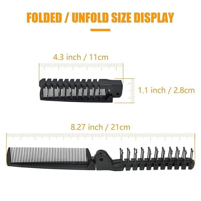 3PCS Travel Foldable Brush, Anti-Static Hair Comb and Double Headed Hairdressing Tool for Men & Women (Black)