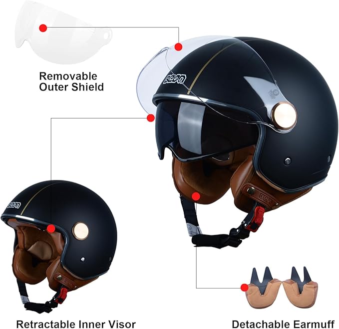Open Face Motorcycle Helmet for Adults, DOT Approved,3/4 Retro Vespa Helmet, Dual Visors Men's and Women's Motorbike Casco for Moped Cruiser Bobber and Chopper