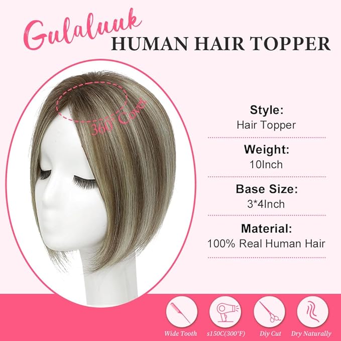 Hair Toppers for Women Real Human Hair Topper for Women with No Bangs Hairpieces Comfortable and Breathable 10 Inch Swiss Base 3D 360°Cover Glue-free (Medium Brown with Ash Blond Highlights)