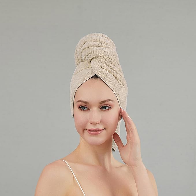 Women Microfiber Hair Towel Wrap with Elastic Strap,Super Absorbent Anti Frizz Drying Turban for Curly, Long,Wet Hair- Beige