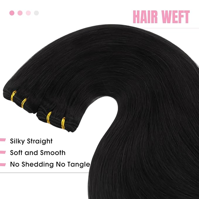YoungSee Human Hair Weft Extensions Black Sew in Hair Extensions Real Human Hair Jet Black Natural Hair Extensions Weft for Women 16Inch 100G