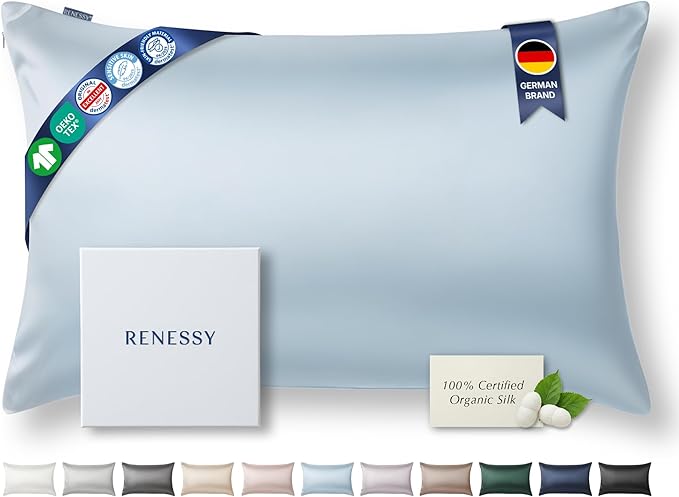Premium Silk Pillowcase 100% Organic Mulberry Silk, 22 Momme, Grade 6A - Oeko-Tex Certified in Germany - Luxury for Hair & Skin, 1 Piece (Queen Size 20x30 Inches, Cloud Blue)