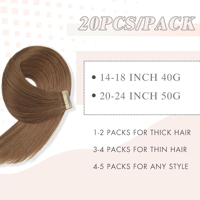 Tape in Hair Extensions Human Hair Medium Brown Remy Hair Extensions 20pcs 14 Inch Straight Invisible Human Hair Tape in Extensions Skin Weft Tape Extensions Human Hair (10#,14 Inch)