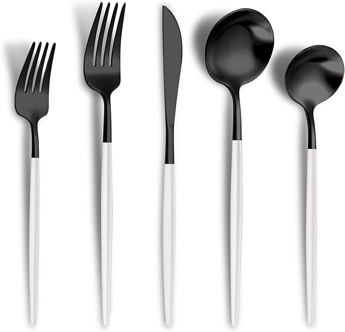 Matte Black White Silverware Set for 6,Modern Stainless Steel Brushed Cutlery Set,30-Pieces Heavy Duty Flatware Set,Knives Spoons and Forks Set Utensils Set, Satin Finish, Dishwasher Safe