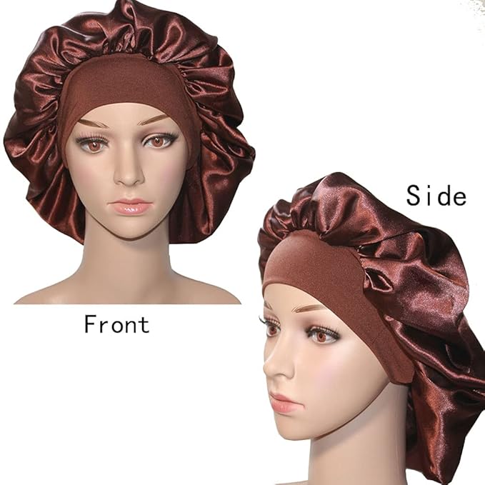 VEYRNEIC Hair Satin Bonnet For Sleeping Shower Caps Silk Chemo Caps with Wide Elastic Band Night Sleep Cap Bonnets for Black Women Braids with Satin Storage Bag(Brown)