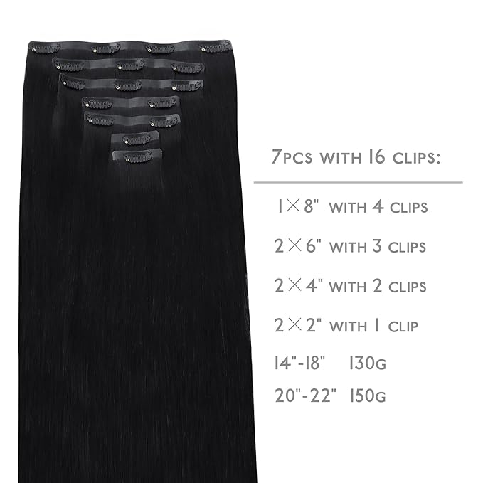 WENNALIFE Seamless Clip In Hair Extensions Human Hair, 24 Inch 160g 7pcs Jet Black Hair Extensions Clip in Human Hair Invisible PU Skin Weft Natural Remy Human